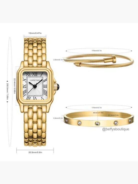 Gold Bangle Watch and Bracelet Set - Quartz Movement, Analog Display, Stainless main image 4